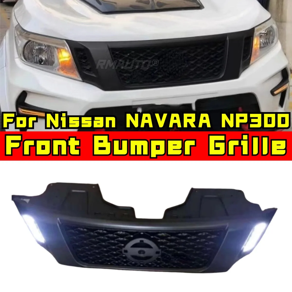 For Nissan NAVARA NP300 Car LED Bumper Grill Decorative Cover Trim Racing Grille Body Kit Front Bumper Grill Exterior Part