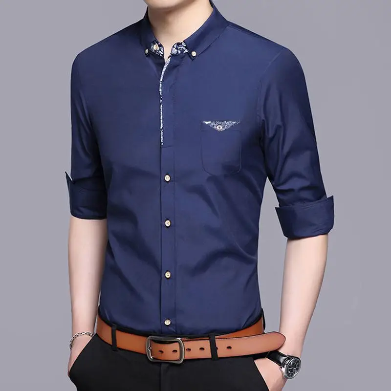 Fashionable Solid Color Men\'s Dress Shirt for Business and Office White Shirt for Men Korean Bottoming Shirts with Long Sleeves