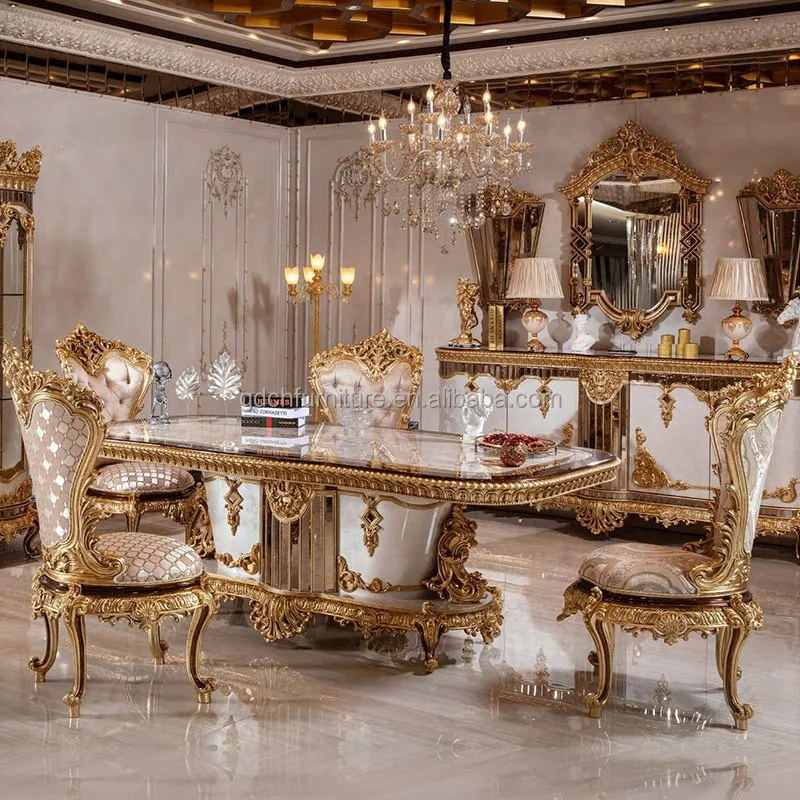Custom Elegant French Style Dining Table Luxury Royal Design Portable 6-Seat Home Furniture Solid Wood Top Home Hotels Villas