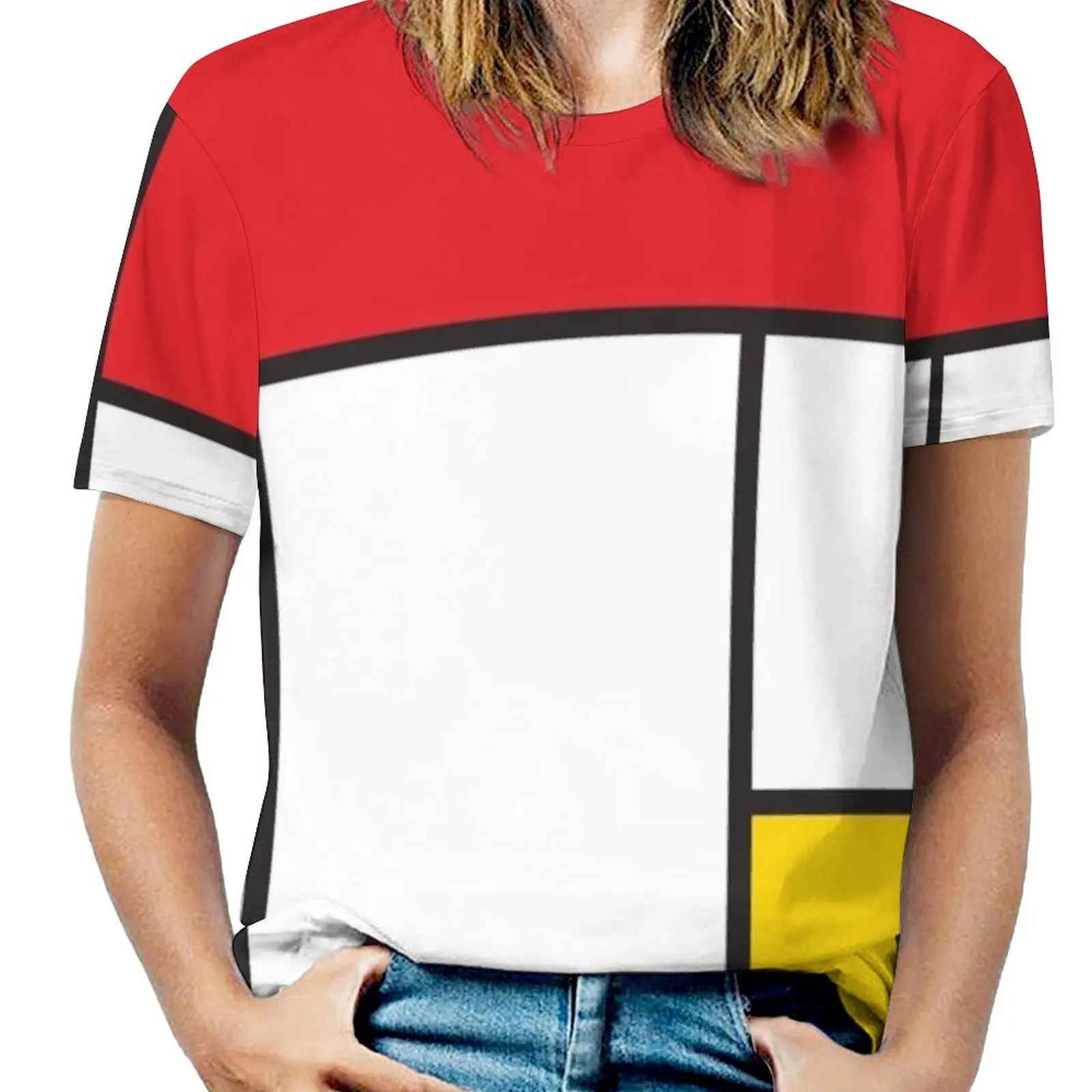 In The Style Of Mondrian Fashion Print Women Ladies Girls T-Shirt Harajuku Round Neck Short Sleeve Tops & Tees Mondrian Piet