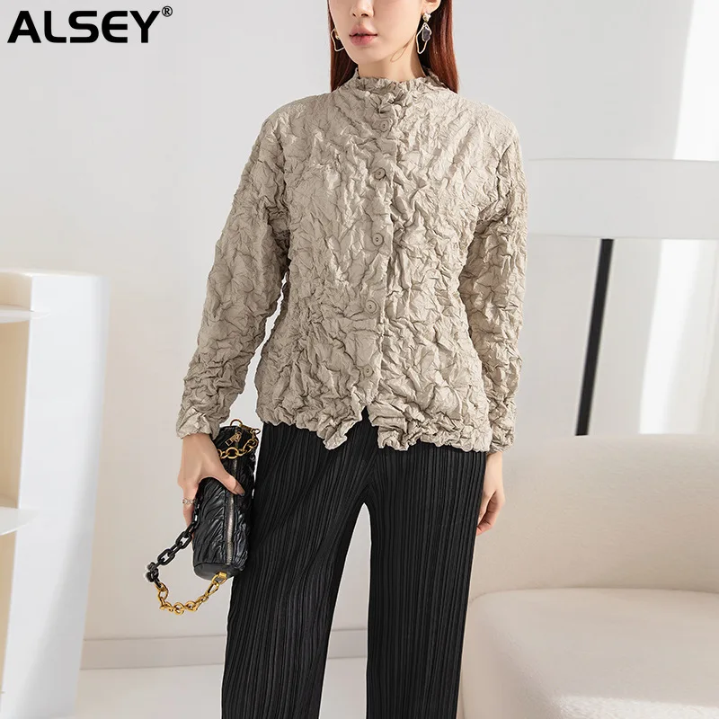 ALSEY Miyake High-end Manual Ruffled Thin Cotton Jacket Women\'s Autumn Winter New Single Breasted Short Jacket Clothing