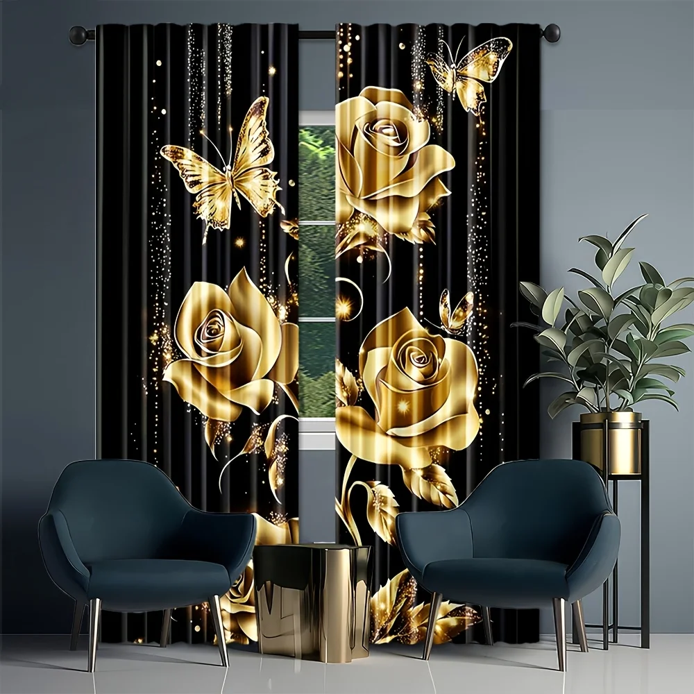 2PCS Digital Print Curtains, Rose Gold Floral Butterfly, Elegant Romantic