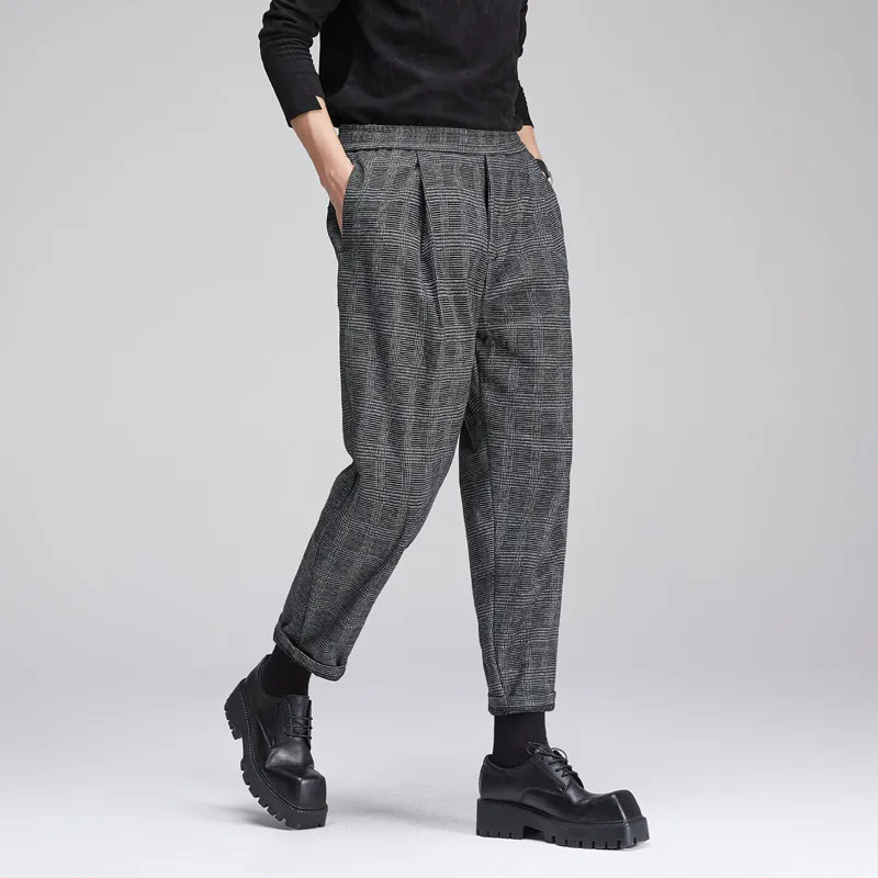 High Quality Autumn Winter Japanese Hong Style Plaid Thick Wool Cloth Daddy Pants Men's British Straight Loose Wide Leg Cropped
