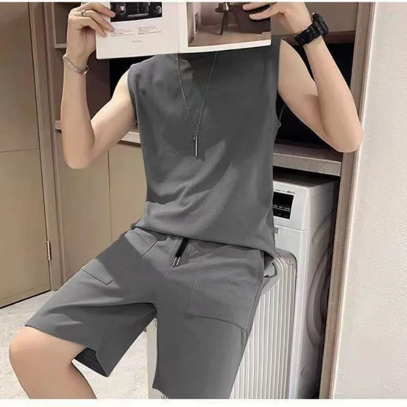 Men Solid Sleeveless Tank Top Two Piece Set Loose Sports Casual Shorts Tracksuit Summer M 5XL view 6
