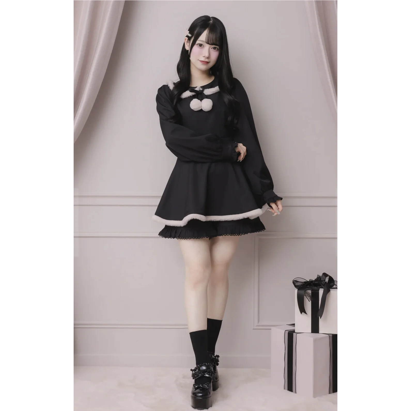 Japanese Style Elegant Sweet Plush Doll Collar Lace-up Bow Long Sleeve Lolita Mini Dress High Waist Shorts Two-Piece Set Women