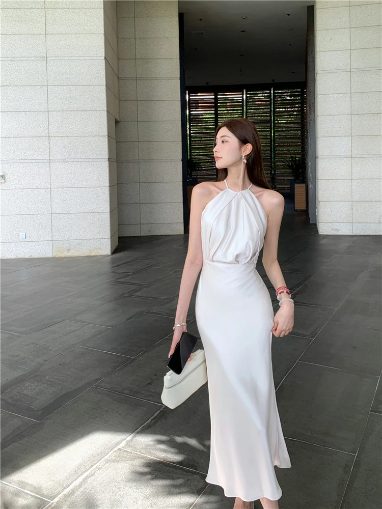 

Slizing Silk Satin Wrap Ne Mid-Length Slim Fit Dr Ele Sle A-Line Skirt No Sve round Ne Ci Commute