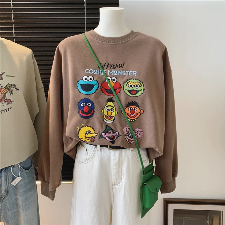 حجم كبير 300 Pou Sesame Street الكرتون هوديي المرأة فضفاض رداء علوي غير رسمي الكورية Sle جولة Ne Long Sve القطن تي شيرت