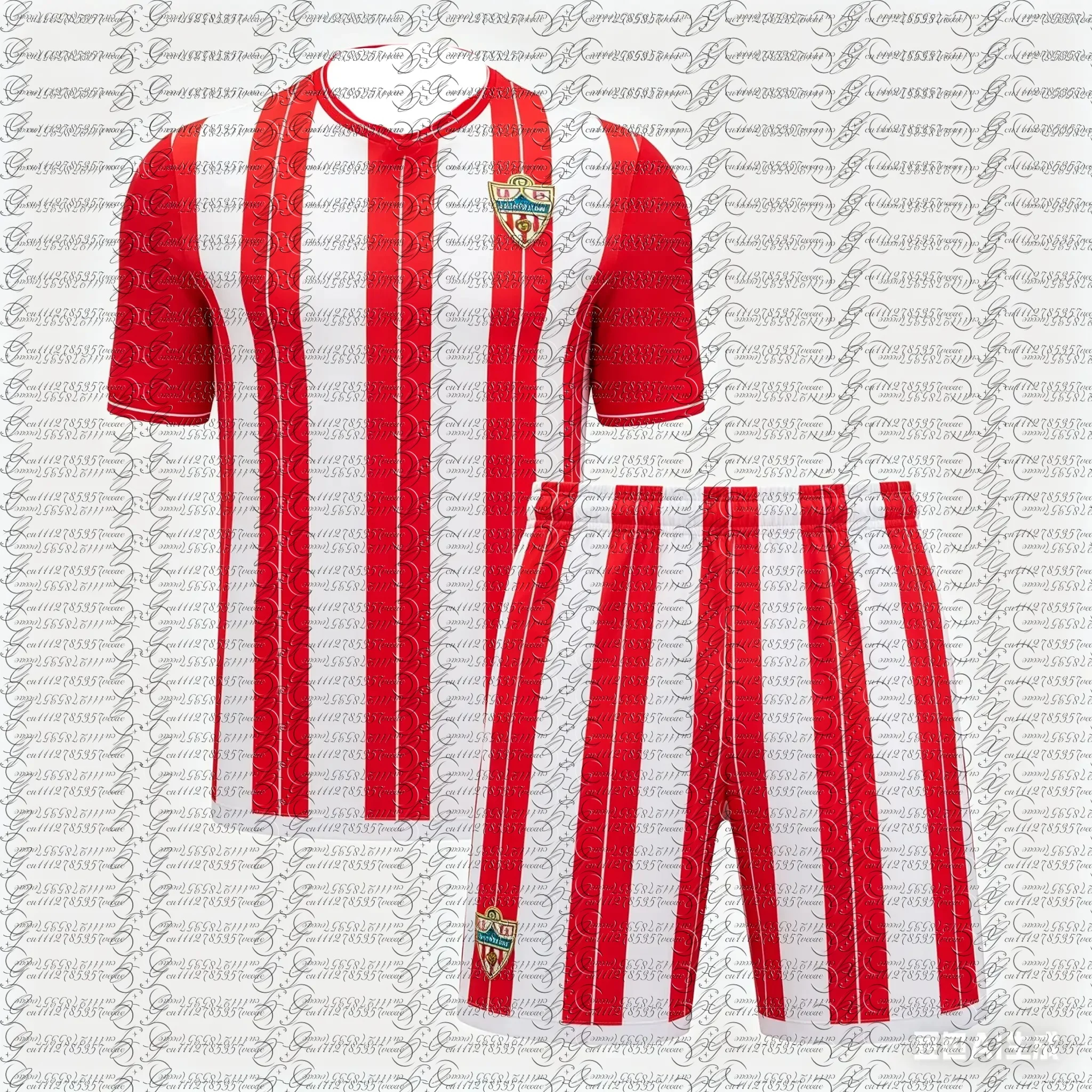 U.D. Almería Home Soccer Jersey Set - Red & White Striped Club Badge Official Football Shirt for Fans & Supporters