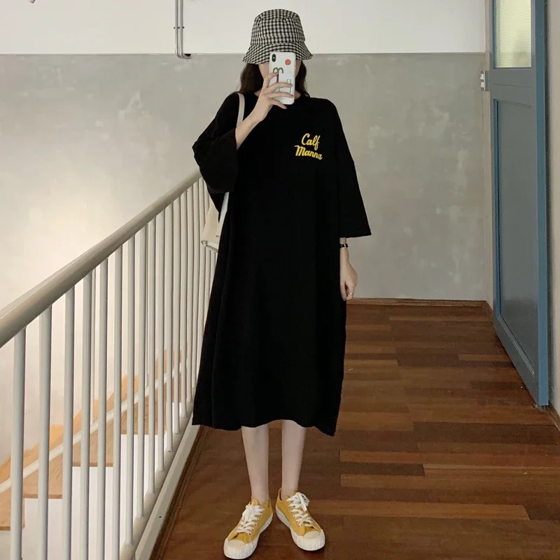 DAYIFUN-Women Loose Fitting Oversized T-Shirt Dress Three Quarter Sleeve Female Clothes Straight Dresses Korean Fashion Harajuku