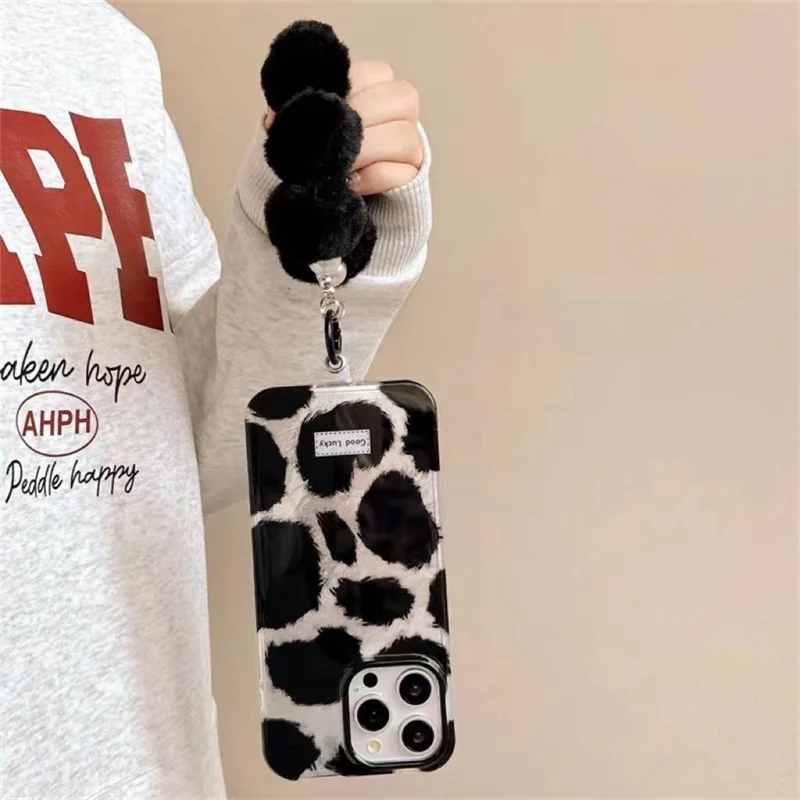Вихревой принт IND крутой стиль черный чехол для телефона с леопардовым принтом и черным плюшевым ремешком для iPhone 11, 12, 13, 14, 15, 16, 17 Pro Max
