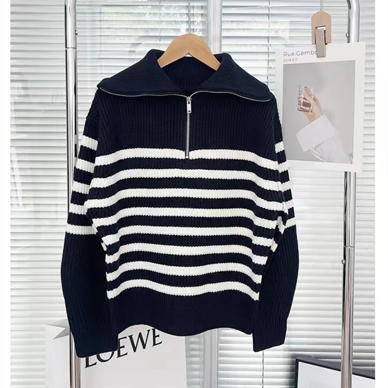 

Women's Cashmere Sweater Half High Collar Autumn Winter Thickened Zipper Stripe Knitted Loose Lazy Goat Cashmere Top