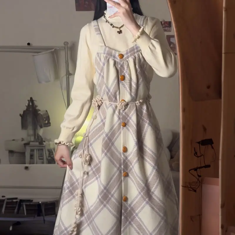 

2025 New Japanese Korean Vintage French Elegant Preppy Plaid Suspender Dress + Women Retro Autumn Winter Sweater Top 2 Piece Set
