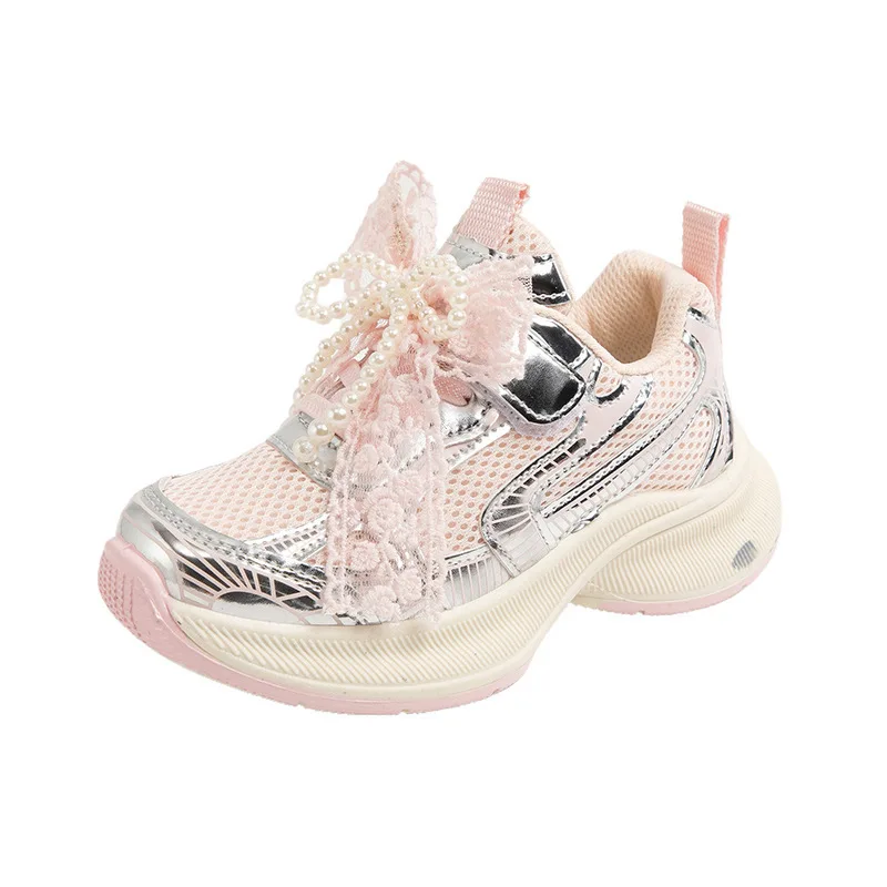 

2025 New Spring Autumn Lace Bowknot Boys White Shoes Girls Breathable Mesh Casual Soft Sole Sneakers Kids Running Shoes