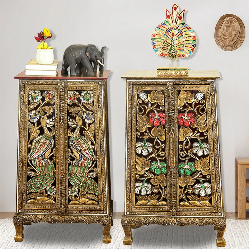 Southeast Asia Thailand Solid Wood Carving Peacock Partition Porch Cabinet Locker Living Room Golden Decorative Cabinet Shoe