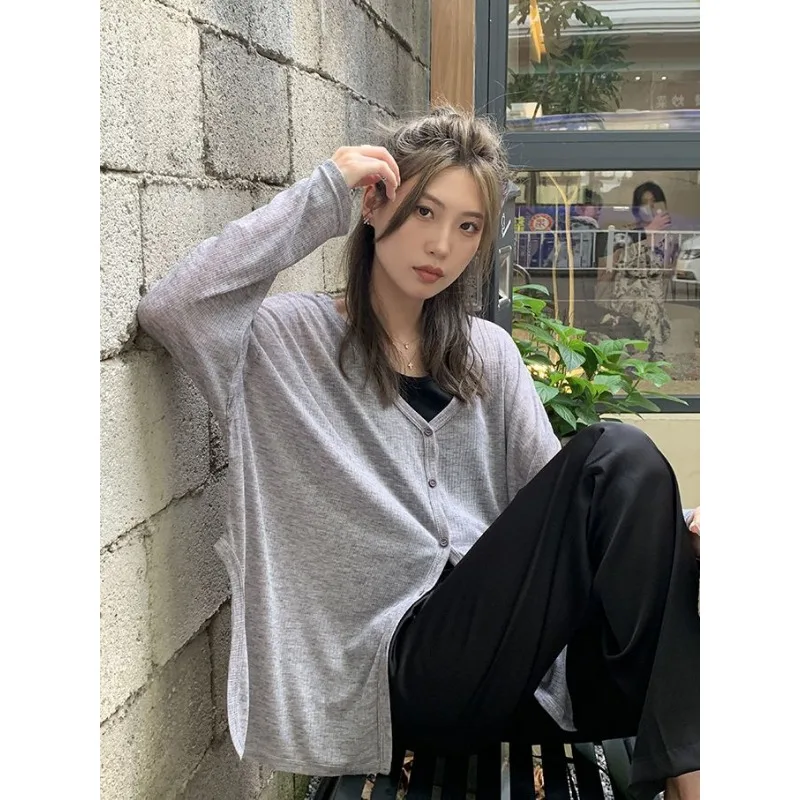 Long Sleeve Shirt Cardigan Women Thin Jacket Tops Sun Protection Clothing V-neck Sweater Buttons Korean Fashion Tops Black Gray