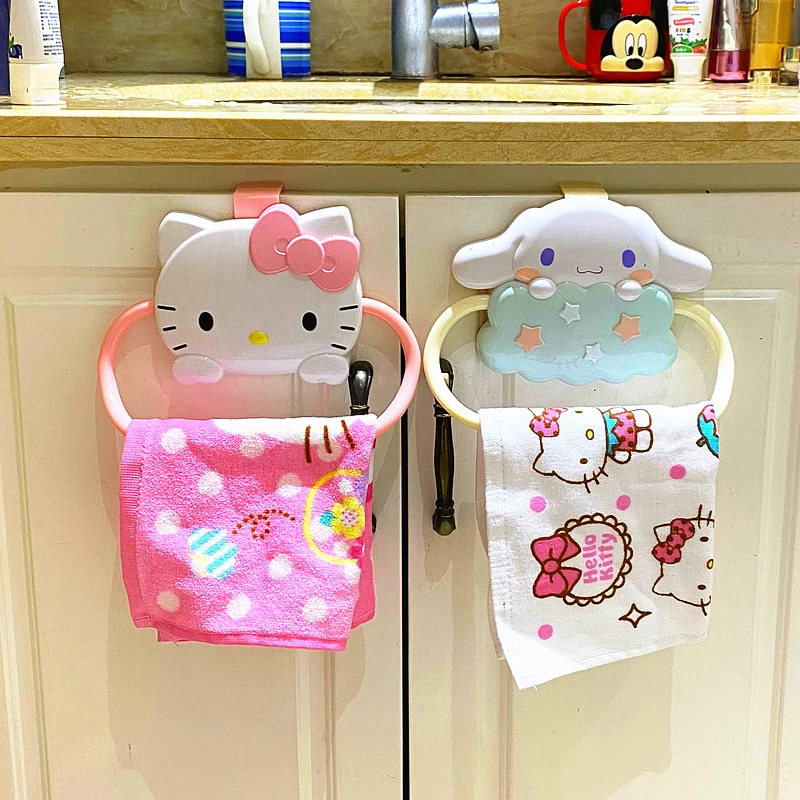 Sanrio Cartoon Anime Hellokitty Cinnamoroll Littletwinstars Bathroom Towel Rack Punch-Free Kitchen Cabinet Door Rag Hanger