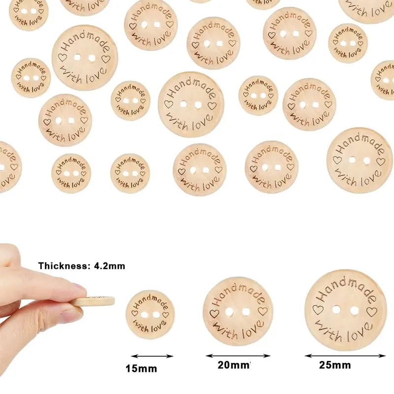 30/50Pcs Wooden Handmade Buttons 2 Holes Wooden Sewing Buttons Wood Handmade Love Button for Sewing Cloth Accessories 15/20/25mm