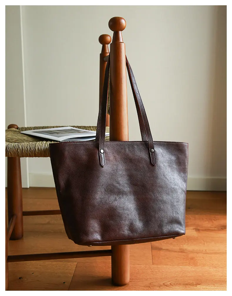 Einkaufstasche für das Wochenende, aus echtem Leder, Damenhandtasche, lässiger Luxus, handgefertigt, aus echtem Rindsleder, Damen-Umhängetasche, schlichte Handtasche. – Detail 19