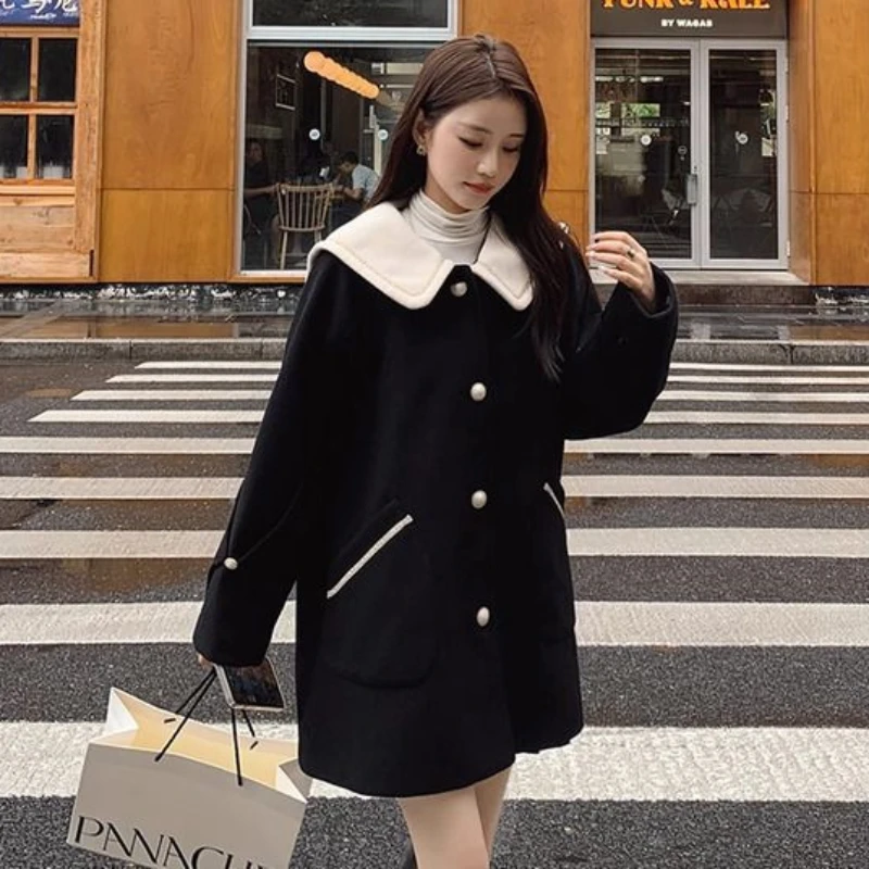 

Winter New Women High-Grade Black Woolen Overcoat Female College Style Niche Temperament Loose Outwear Mid-Length Casual Outcoat