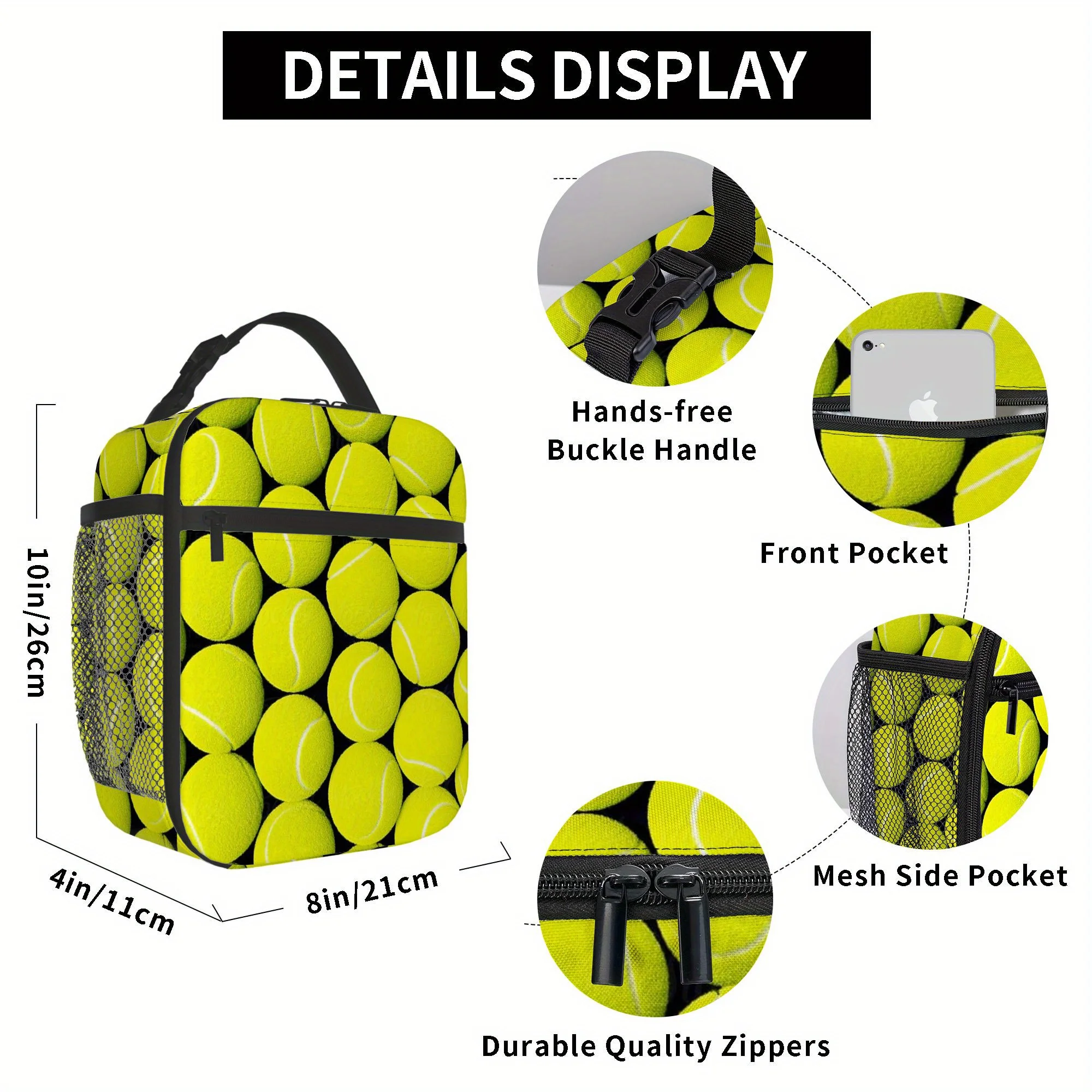 1pc Tennis Balls Organized in Rows. A Printed Thermal Bag That Serves As an Insulated Container, Not Intended for Food Contact,
