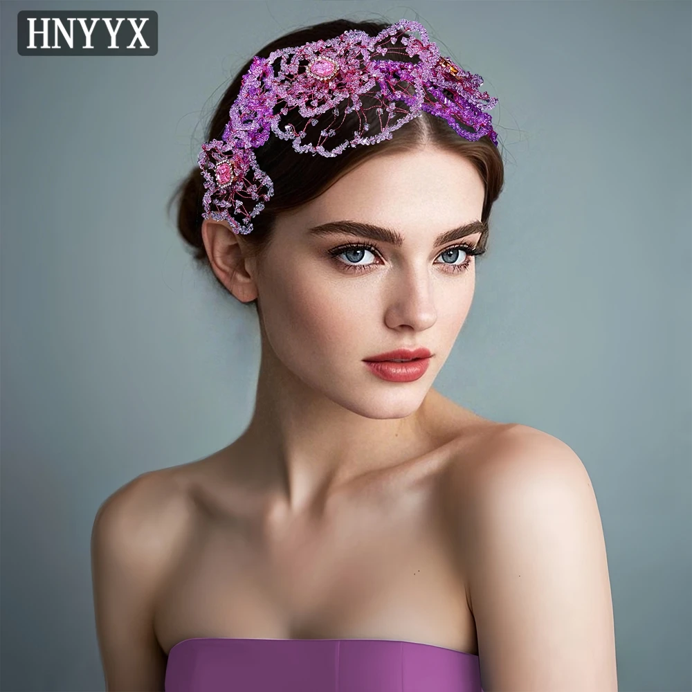 HNYYX Purple Rhinestone Mesh Luxury Headband Women Bride Wedding Party Headwear Fashion Crystal Jewelry Hair Accessories A175