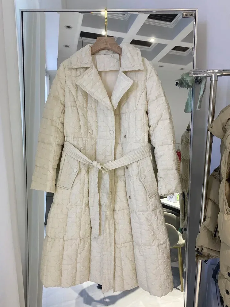 

New Down Jacket Womens Mid-length Over-the-knee Iarge lapel Thickened lace-up Waist White Duck Down Jacket Woman Down Parka