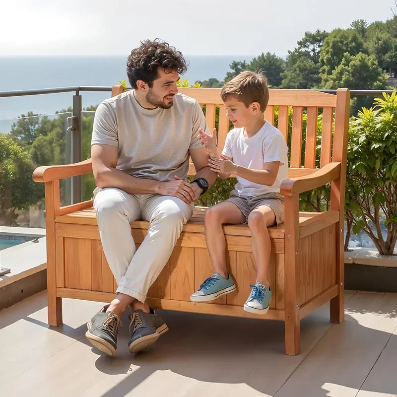 Outdoor Storage Bench 2-Person Wooden Storage Bench 33 Gallons Deck Box with Side Handle Supports up to 705 lbs Outdoor