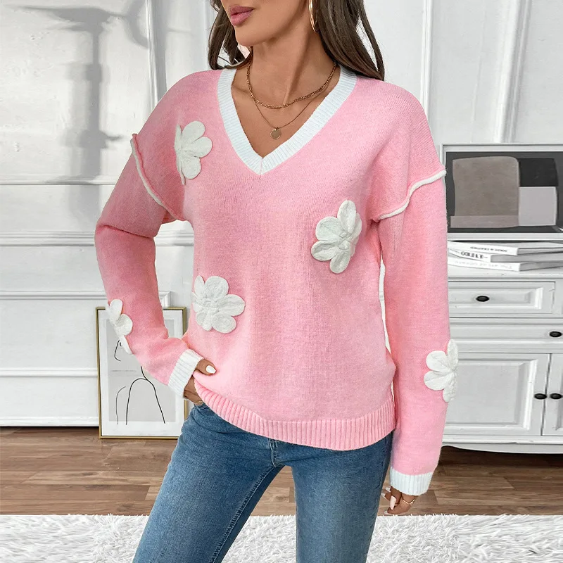 

2025 New Style Long Sleeve V-neck Floral Pink Sweater for Women