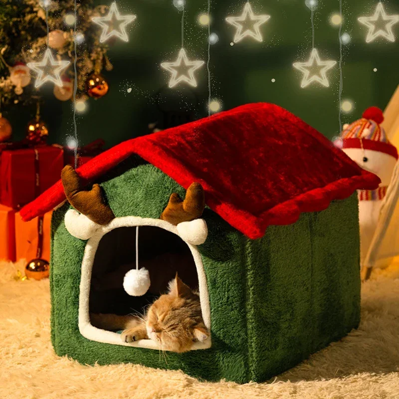 

Christmas cat nest warm in winter, removable and washable dog litter, closed velvet thickened cat house