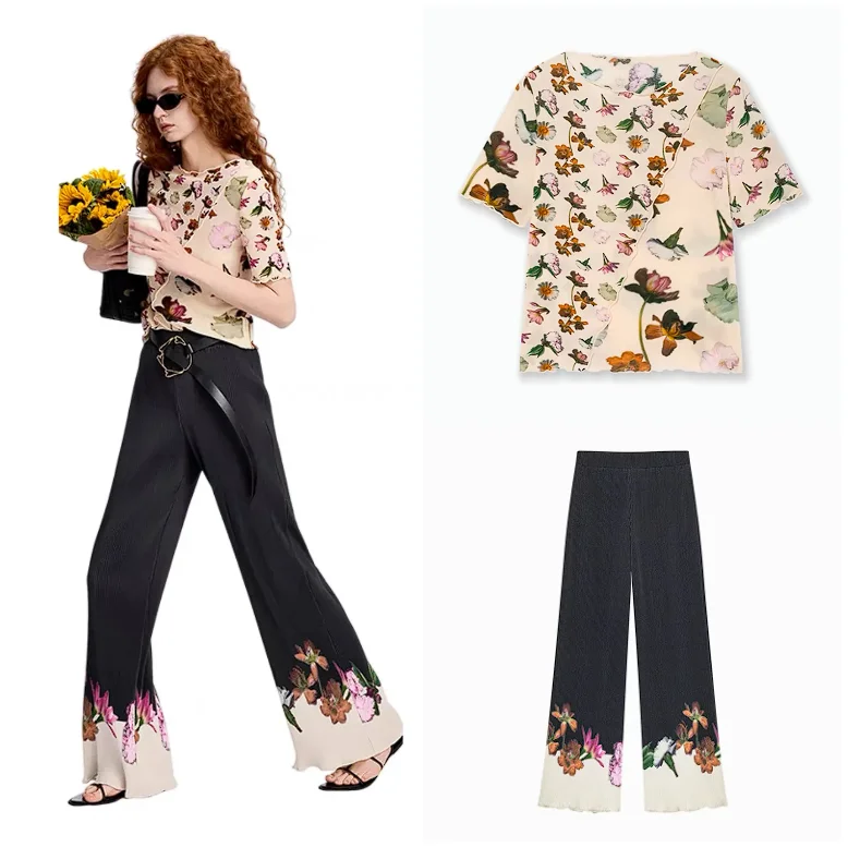 

2025 Summer New Spain Original Single Women's Printed Splicing Elastic Slimming Short Sleeve Loose Pants Straight Casual Pants