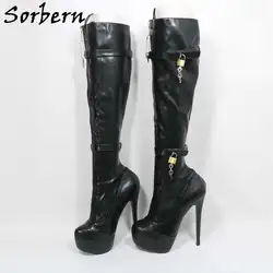 Sorbern Customized Narrow or Wide Ankle Knee High Boots Women With Locks Hidden Platform High Heels Stilettos Unisex Style
