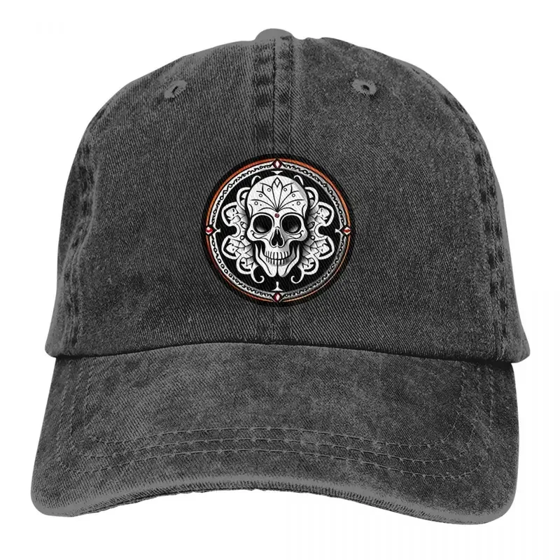 

Retro Gothic Skull-Circle Baseball Cap for Men and Women, Anreted Jeans, Washed Snapback, Macabre Horror Hat