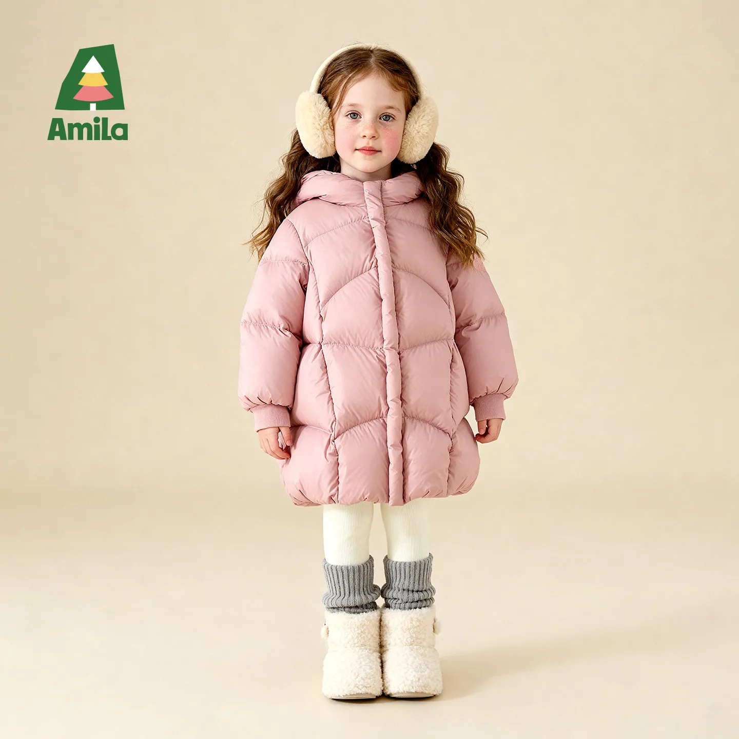 Amila 2026 Kids Winter Children's Long Down Jacket With Bear Ear Hoodie Design, Rain Resistant Snow 90 White Duck Down Fill