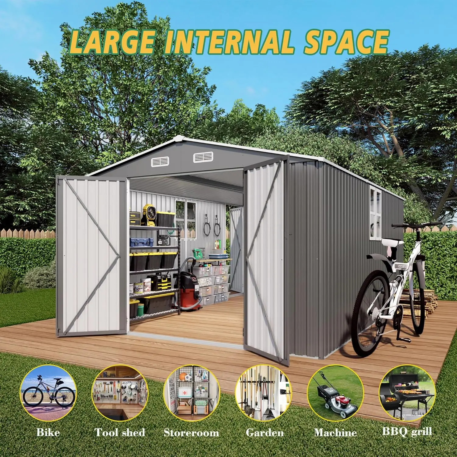 

10x14x6.7FT Outdoor Storage Shed Galvanized Steel Garden Shed Waterproof Metal Tool Shed with Lockable Door And Window Customize