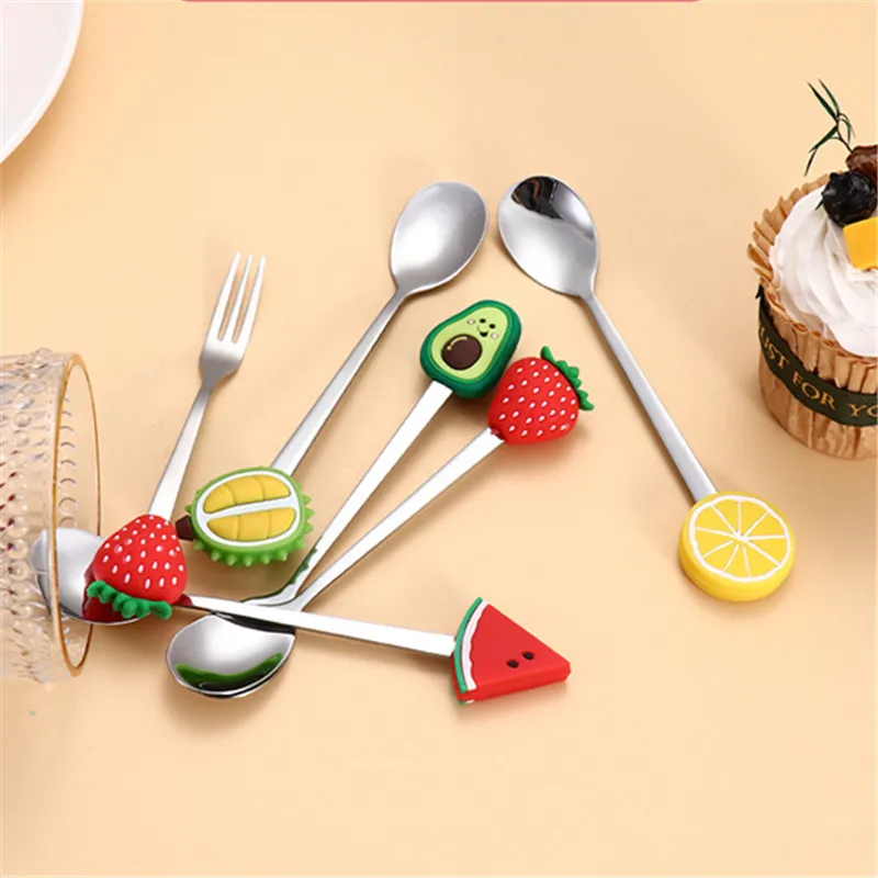 7Pcs Stainless Steel Fruit Shaped Coffee Spoons Fruit Dessert Spoon Fork Candy Tea Spoon Drink Tableware Kitchen Supplies