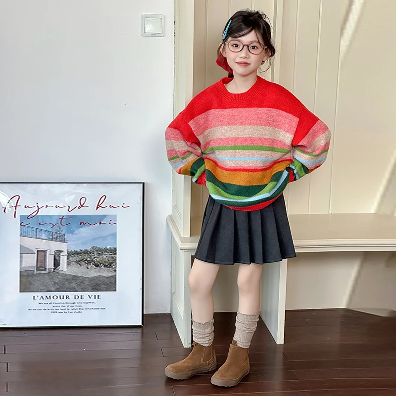 Girls Spring Autumn Colorful Striped Sweater for Kid Fashion Korean Bottoming Shirt O-neck Princess Sweater Spell Color Knitwear