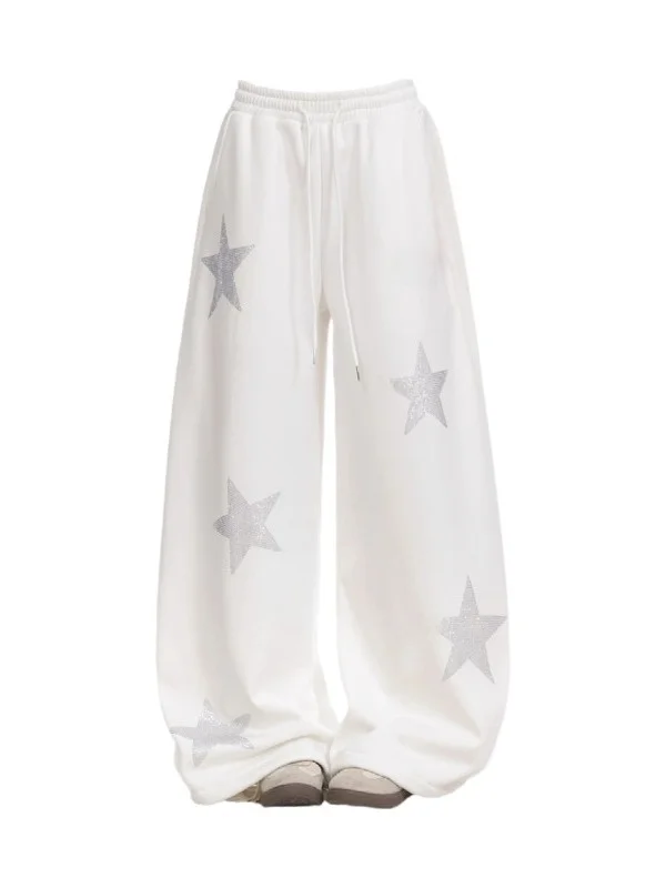 プラスサイズの女性用アメリカンレトロスターラインストーンワイドレッグパンツ、ハイウエスト、ゆったり、スリム、ドレープ、カジュアルパンツ、秋用...