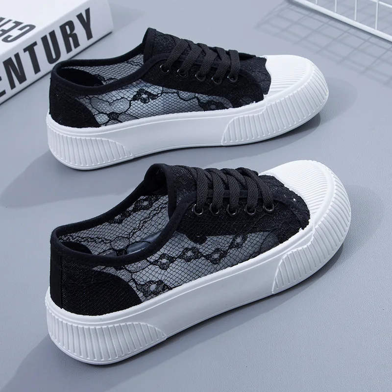 Summer Women Lace Casual Shoes Woman Breathable Mesh Sneakers Flats Platform Floral Loafers Comfort Shallow Walking Black Shoes