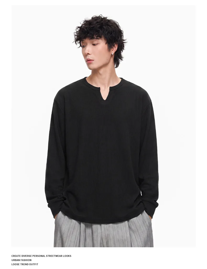 PFNW Versatile Solid Color Casual Base Shirt Men's V Neck Textured Long Sleeve T Shirt 2026 Autumn New Tide 28L3528