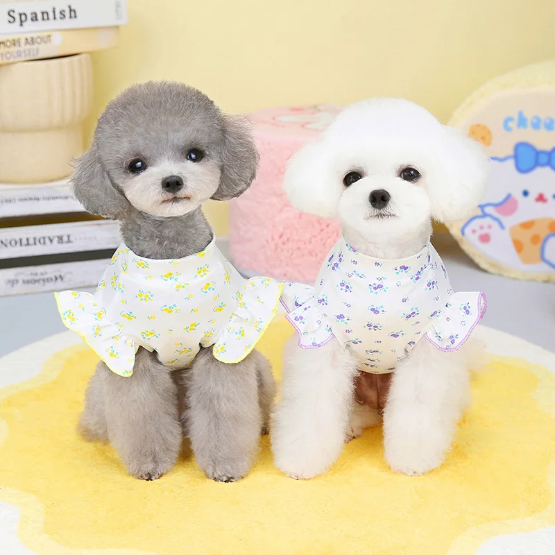 

Teddy Than Bear Flying Sleeve Vest Summer Flower Print Pet Clothes Puppy Pullover Dog Two-legged Clothing