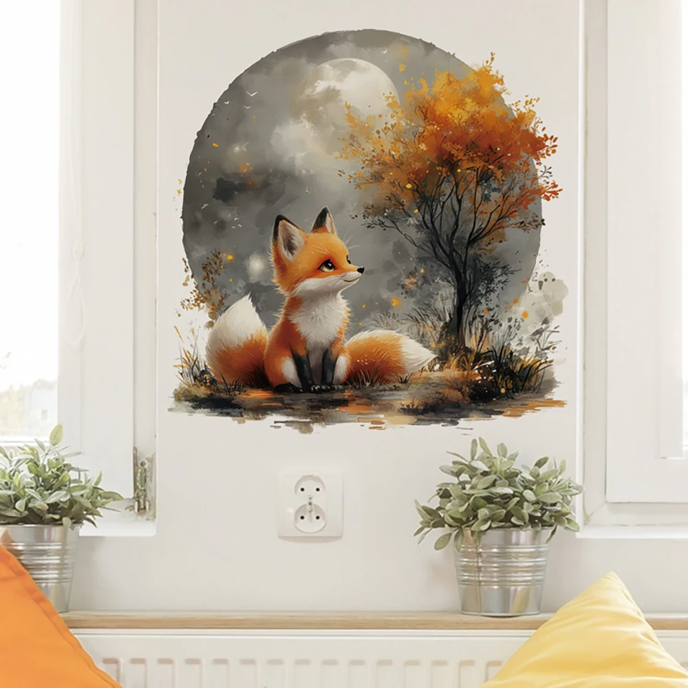 Little Fox Under the Moon Wall Stickers Self-Adhesive Wallpaper for Bedroom Children's Room Background Decoration AA539