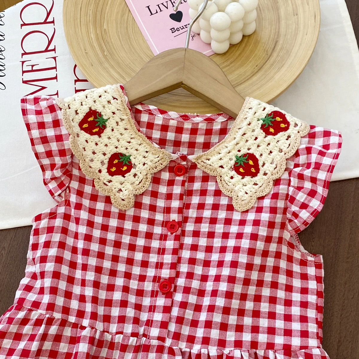 Girl Casual Dress 2026 New Fashion Strawberry Crochet Collar Plaid Flying Sleeve Dress Cute Outfits Girls Vestidos