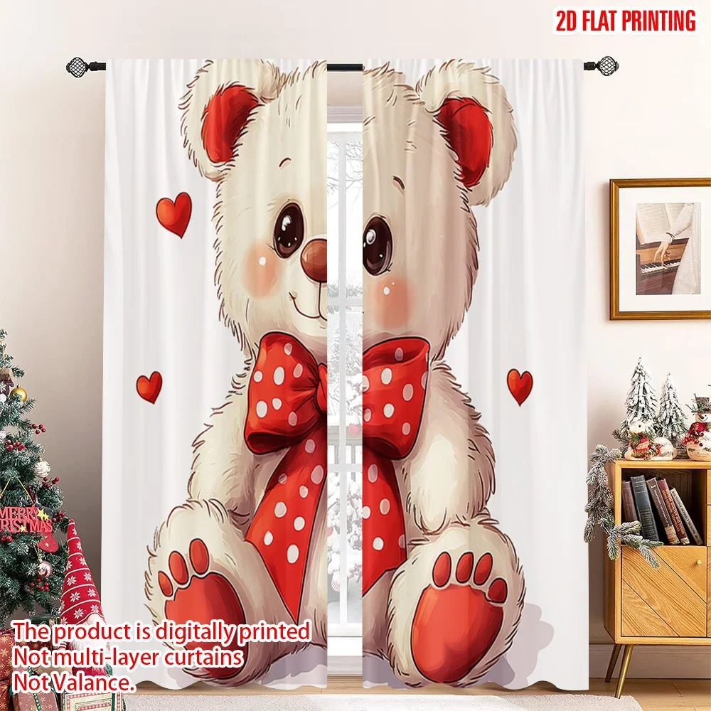 

2pcs 2D flat printing Merry Christmas Window Drapes Cute Teddy Bear Heart Bow Polyester Without Electricity Birthday Party for