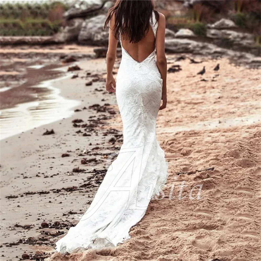 Beach Mermaid Bride Dresses Halter Neck Sleeveless Chapel Train Lace Wedding Dresses For Woman Wedding Dress Vestidos De Novia