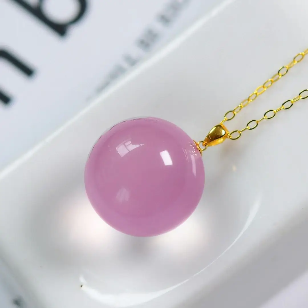 

Romantic 18K Real Gold Set 15mm Natural Mozambique Rose Quartz Bead Pendant With 925 Silver Chain Lucky Ball Pink Stone Jewelry