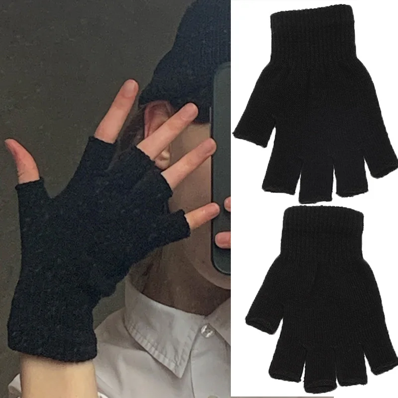 1Pair Black Short Half Finger Knit Wrist Glove Fingerless Winter Warm Stretch Work Gloves Women Men Outdoor Cycling Accessories