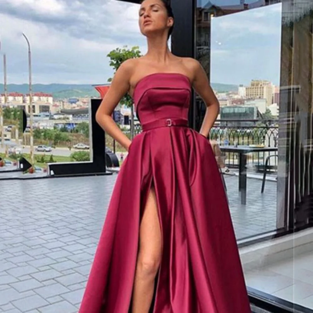 Camellia Elegant A Line Evening Dresses Off Shoulder With Belt Side Slit Celebrity Prom Dress Strapless Pleated Formal Gowns