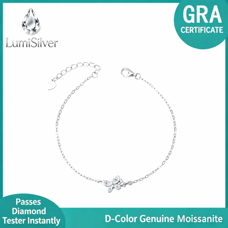 Dainty Butterfly Marquise Moissanite Bracelet 925 Sterling Silver GRA Certified Adjustable Everyday Jewelry Gift for Women