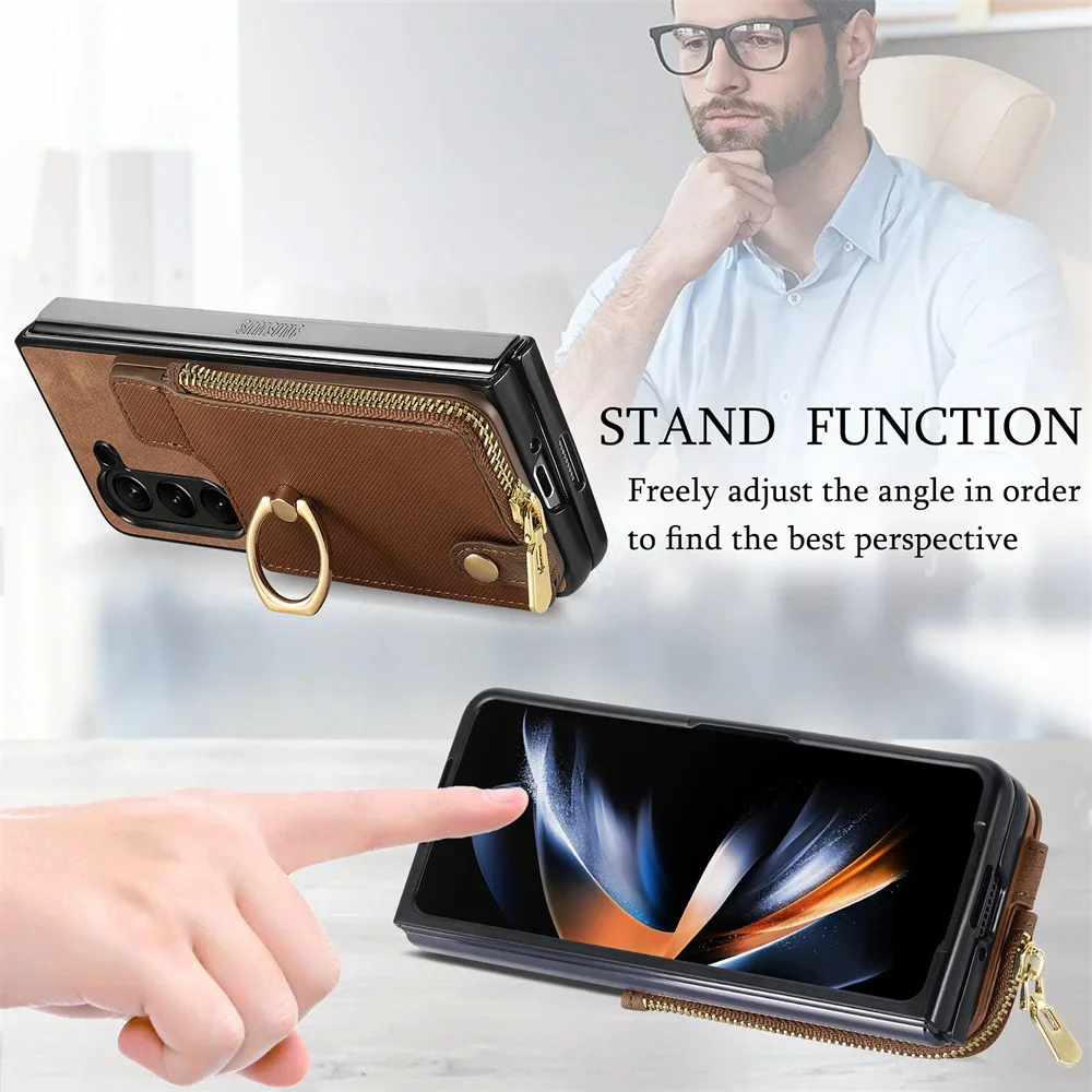 Zipper Wallet Phone Case with Card Slot Holder For Samsung Galaxy Z Fold 6 5 Fold6 Fold5 5G Ring Kickstand PU Leather Back Cover