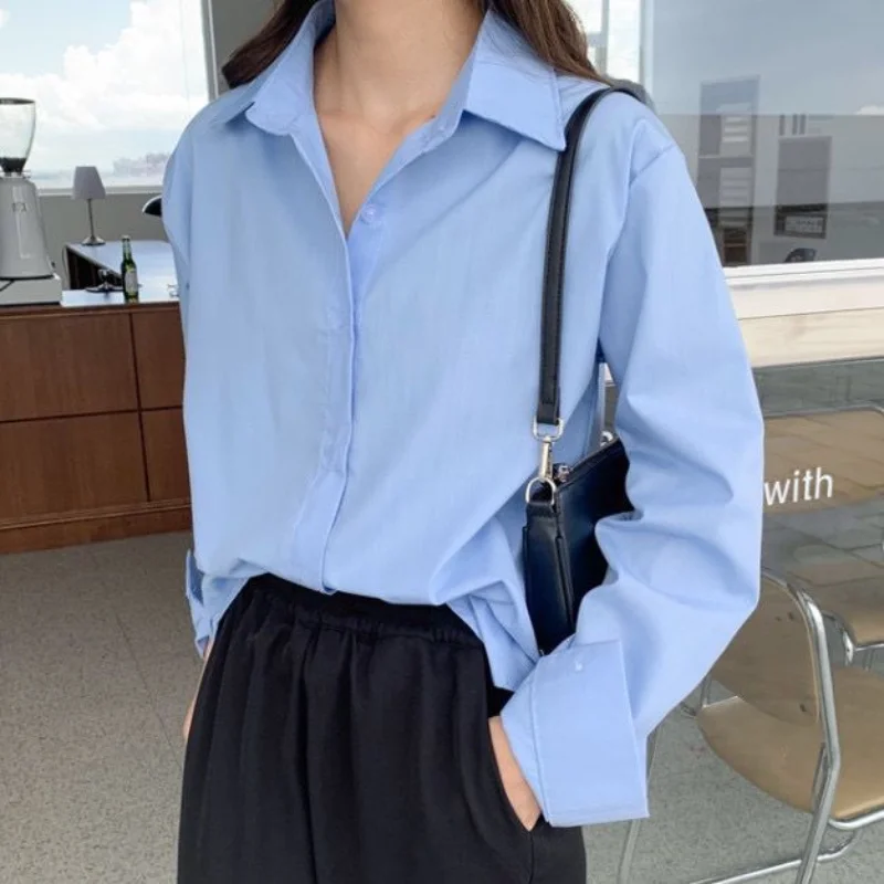 

Blue Shirt for Women Spring Autumn New Polo Neck Long Sleeve Solid Color Button Loose Youth Trend Blouse Fashion Korean Clothing